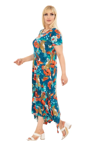 Melsay Butik Yeşil Papağan Desen Asimetrik Kısa Kollu Elbise - Resim 3