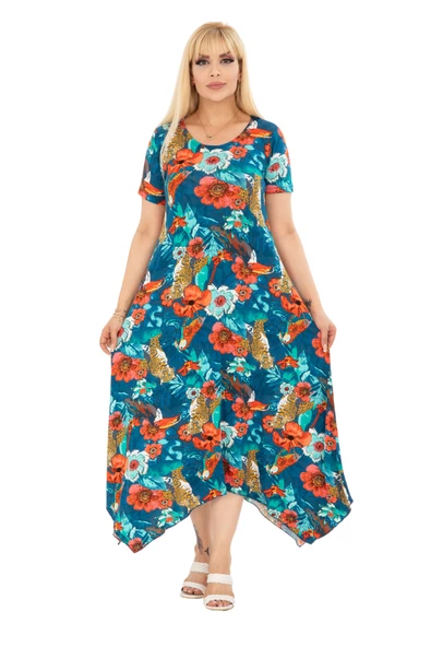 Melsay Butik Yeşil Papağan Desen Asimetrik Kısa Kollu Elbise - Resim 2