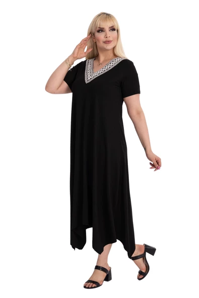 Melsay Butik Siyah V Yaka Dantel Detaylı Asimetrik Kısa Kollu Elbise - Resim 2