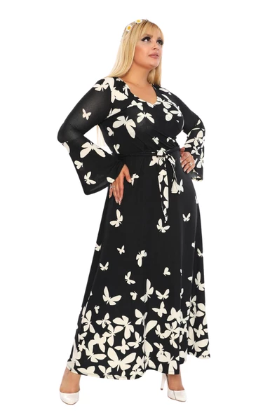 Melsay Butik Krep Kruvaze Yaka Kelebek Desen Kadın Uzun Elbise - 3