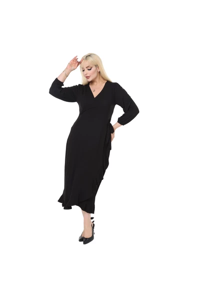 Melsay Butik Siyah Kruvaze Yaka Anvelop Etek Midi Elbise - Resim 5