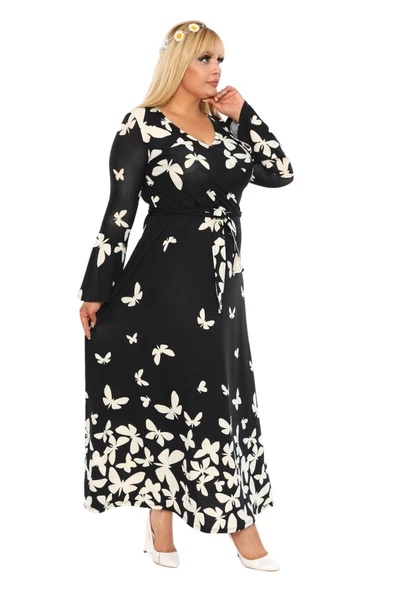 Melsay Butik Krep Kruvaze Yaka Kelebek Desen Kadın Uzun Elbise - 4