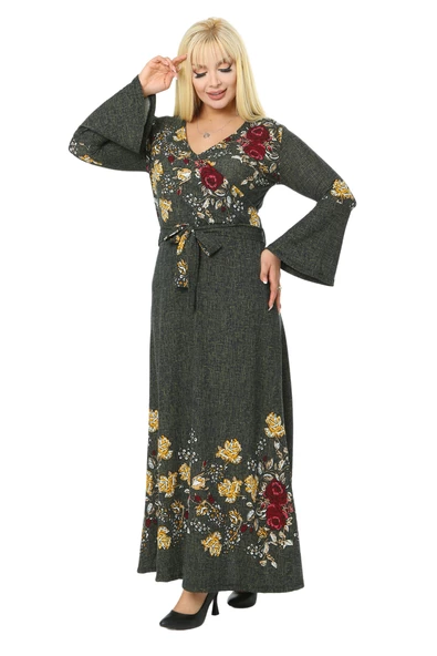 Melsay Butik Haki Kruvaze Yaka Çiçek Desen Kadın Krep Uzun Elbise - 3