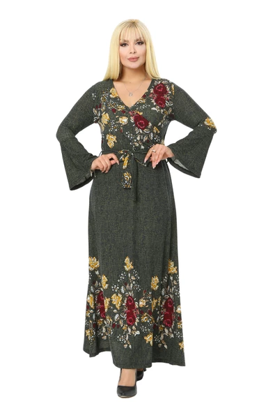 Melsay Butik Haki Kruvaze Yaka Çiçek Desen Kadın Krep Uzun Elbise - 6
