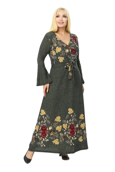 Melsay Butik Haki Kruvaze Yaka Çiçek Desen Kadın Krep Uzun Elbise - 4