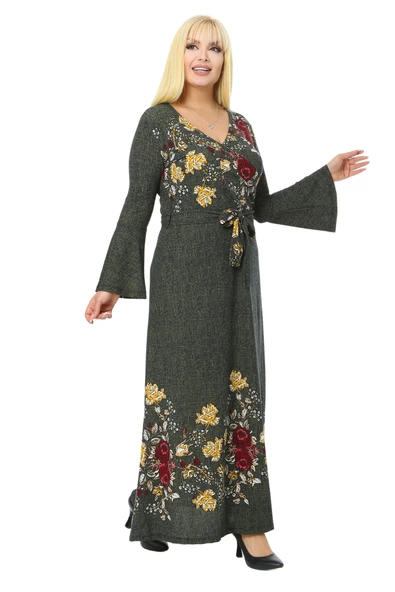 Melsay Butik Haki Kruvaze Yaka Çiçek Desen Kadın Krep Uzun Elbise - 2