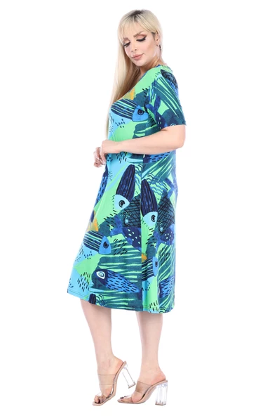 Melsay Butik Yeşil Balık Desen Kısa Kollu Büyük Beden Midi Elbise - Resim 3