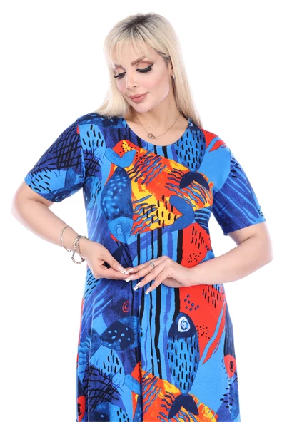Melsay Butik Sax Balık Desen Kısa Kollu Büyük Beden Midi Elbise - 4