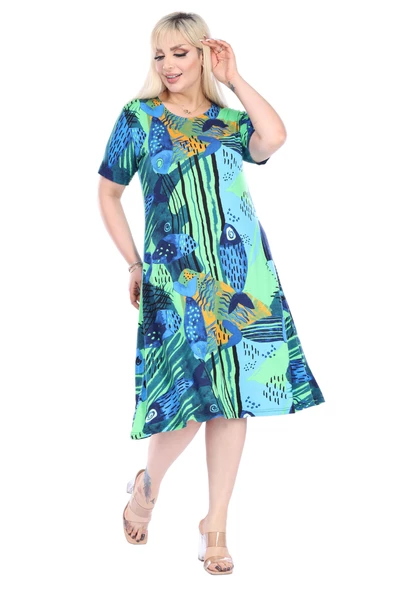 Melsay Butik Yeşil Balık Desen Kısa Kollu Büyük Beden Midi Elbise - Resim 5