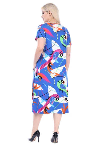 Melsay Butik Göğüs Kuplu Mavi Desenli Cepli Kısa Kol Kadın Midi Elbise - Resim 5