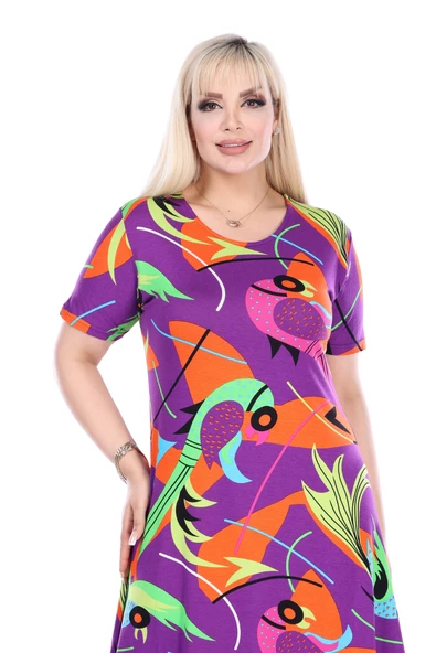 Melsay Butik Mor Balık Desen Kısa Kollu Büyük Beden Midi Elbise - Resim 5