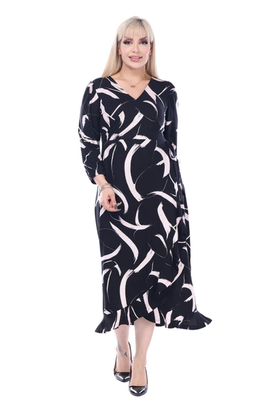 Melsay Butik Siyah Kruvaze Yaka Tüy Desen Anvelop Midi Elbise - Resim 2