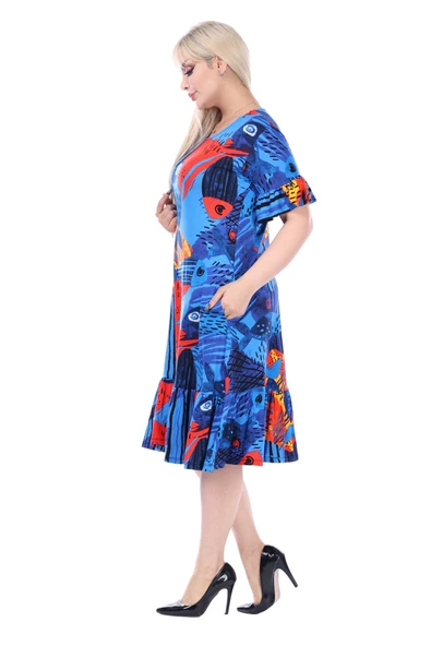 Melsay Butik Mavi Balık Desen Fırfırlı Kısa Kollu Kadın Midi Elbise - Resim 6