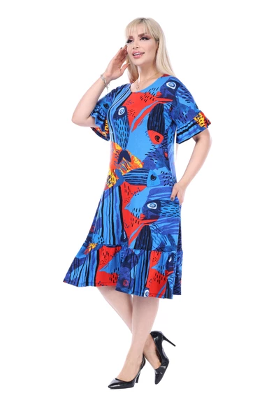 Melsay Butik Mavi Balık Desen Fırfırlı Kısa Kollu Kadın Midi Elbise - Resim 3