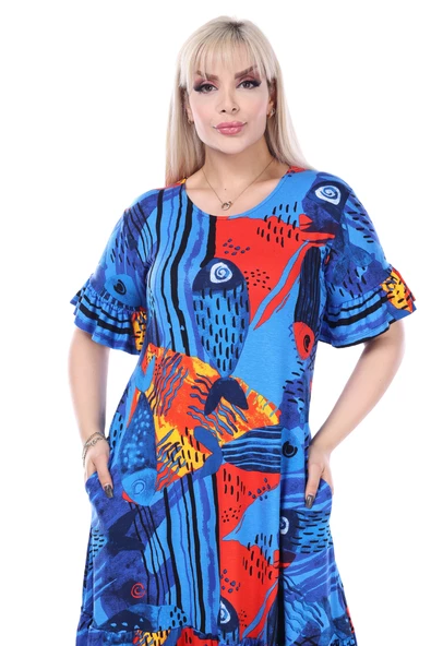 Melsay Butik Mavi Balık Desen Fırfırlı Kısa Kollu Kadın Midi Elbise - Resim 2