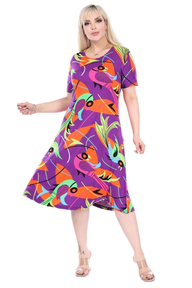 Melsay Butik Mor Balık Desen Kısa Kollu Büyük Beden Midi Elbise - Resim 4