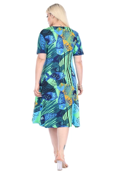 Melsay Butik Yeşil Balık Desen Kısa Kollu Büyük Beden Midi Elbise - Resim 6