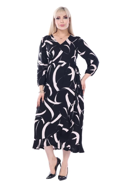 Melsay Butik Siyah Kruvaze Yaka Tüy Desen Anvelop Midi Elbise ürün görseli