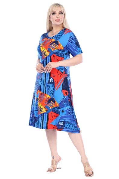 Melsay Butik Sax Balık Desen Kısa Kollu Büyük Beden Midi Elbise - 2