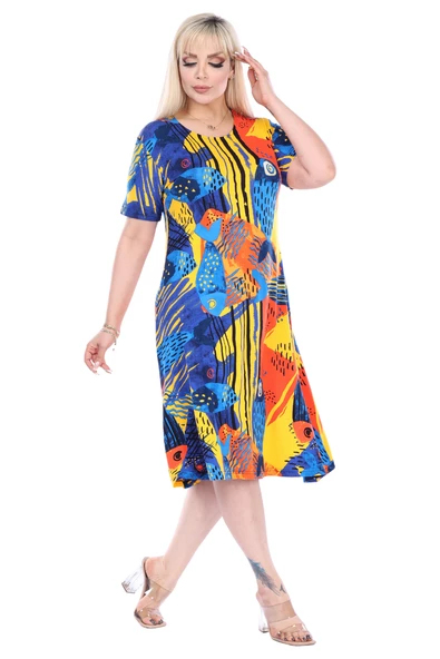 Melsay Butik Sarı Balık Desen Kısa Kollu Büyük Beden Midi Elbise - Resim 4
