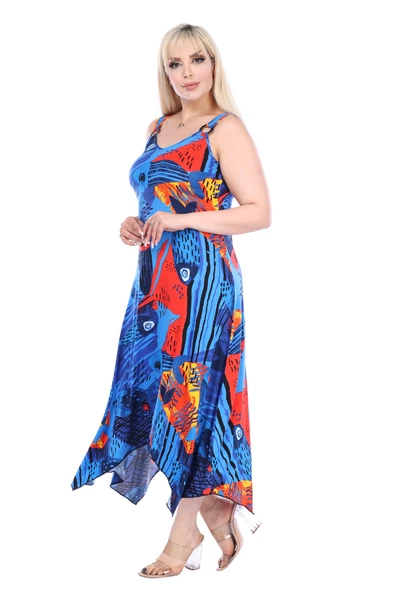 Melsay Butik Sax Balık Desen Askılı V Yaka Büyük Beden Elbise - 2