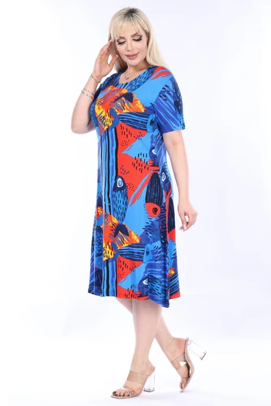 Melsay Butik Sax Balık Desen Kısa Kollu Büyük Beden Midi Elbise - 3