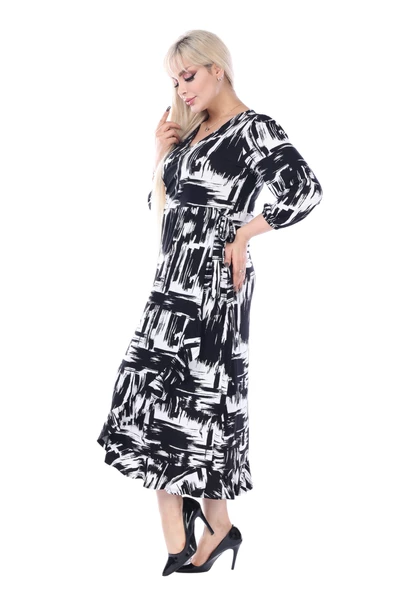 Melsay Butik Siyah Beyaz Kruvaze Yaka Fırça Desen Anvelop Midi Elbise - 4