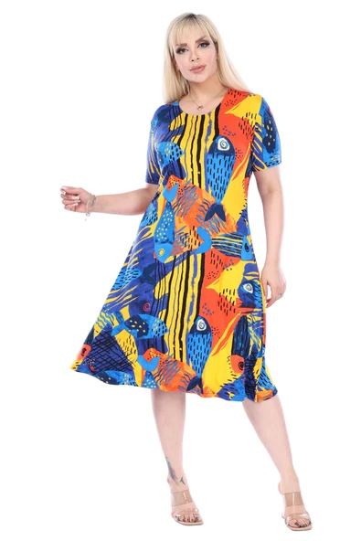 Melsay Butik Sarı Balık Desen Kısa Kollu Büyük Beden Midi Elbise - Resim 5