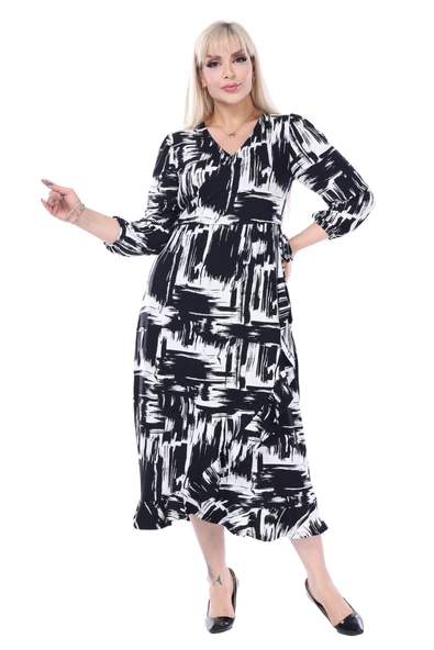 Melsay Butik Siyah Beyaz Kruvaze Yaka Fırça Desen Anvelop Midi Elbise - 6