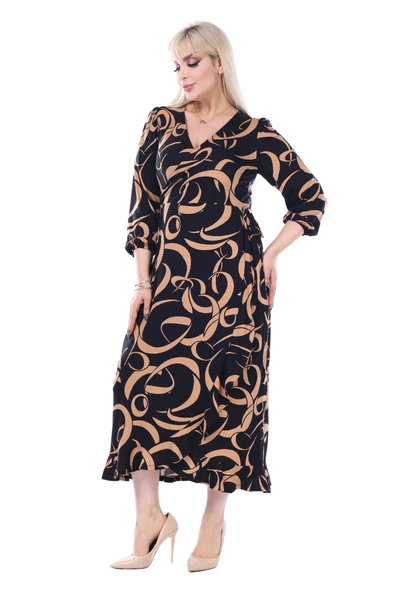 Melsay Butik Kruvaze Yaka Taba Dalga Desen Anvelop Midi Elbise - Resim 2