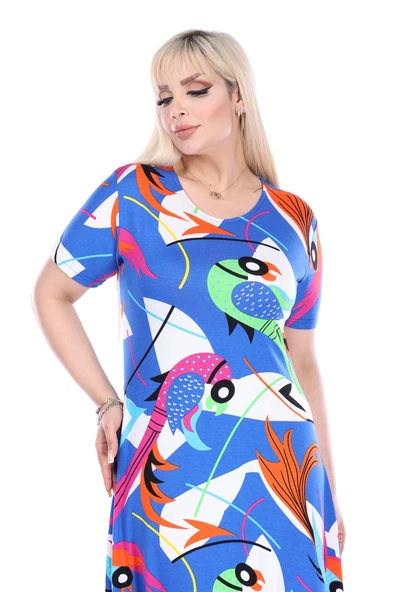 Melsay Butik Mavi Balık Desen Kısa Kollu Büyük Beden Midi Elbise - 4