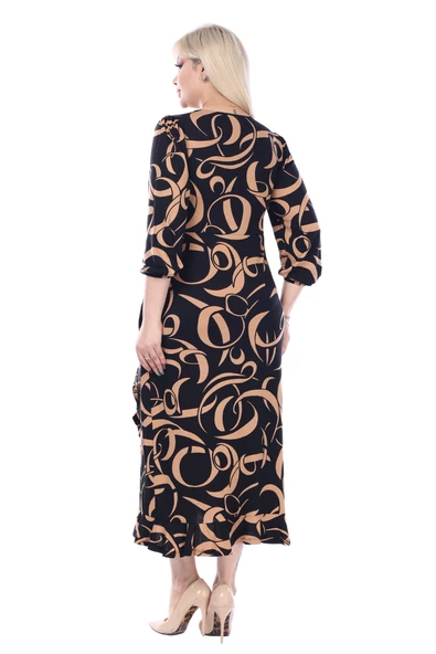 Melsay Butik Kruvaze Yaka Taba Dalga Desen Anvelop Midi Elbise - Resim 5