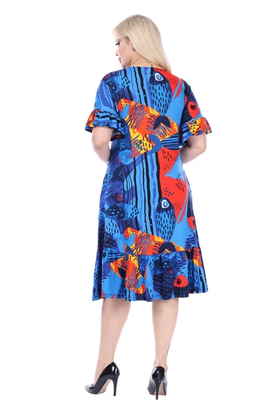 Melsay Butik Mavi Balık Desen Fırfırlı Kısa Kollu Kadın Midi Elbise - Resim 5