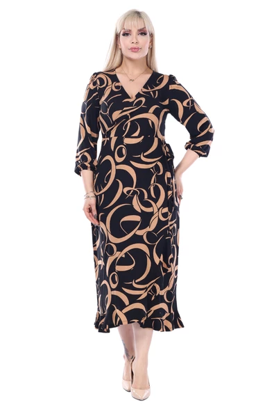 Melsay Butik Kruvaze Yaka Taba Dalga Desen Anvelop Midi Elbise ürün görseli