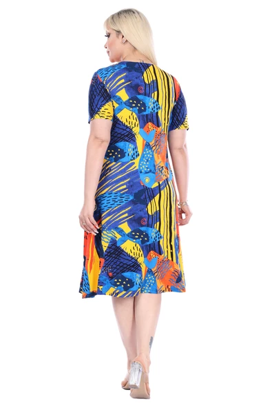 Melsay Butik Sarı Balık Desen Kısa Kollu Büyük Beden Midi Elbise - Resim 6