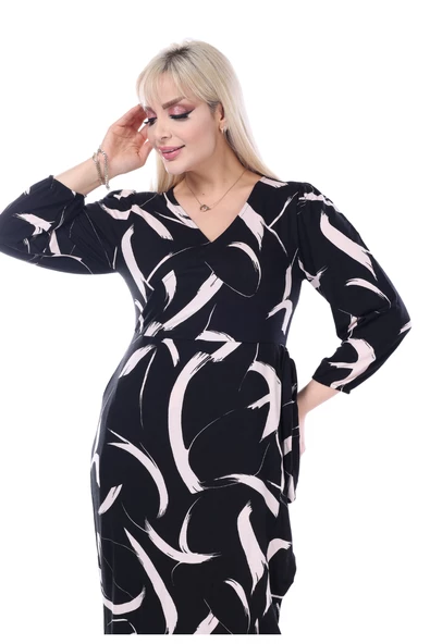 Melsay Butik Siyah Kruvaze Yaka Tüy Desen Anvelop Midi Elbise - Resim 4