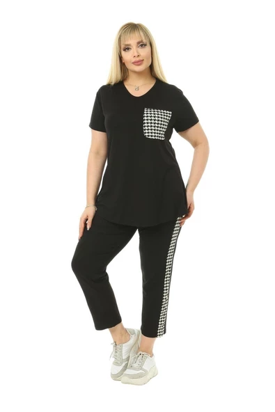 Melsay Butik Siyah Kazayağı Cep Büyük Beden Kadın Kapri Takımı