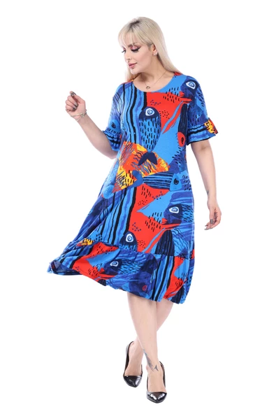 Melsay Butik Mavi Balık Desen Fırfırlı Kısa Kollu Kadın Midi Elbise - Resim 4