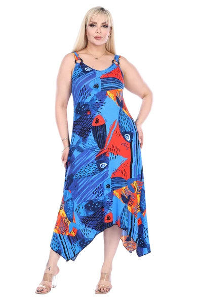 Melsay Butik Sax Balık Desen Askılı V Yaka Büyük Beden Elbise - 4