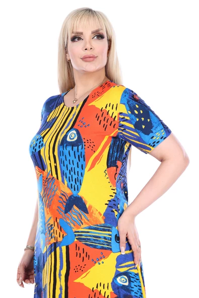 Melsay Butik Sarı Balık Desen Kısa Kollu Büyük Beden Midi Elbise - Resim 3