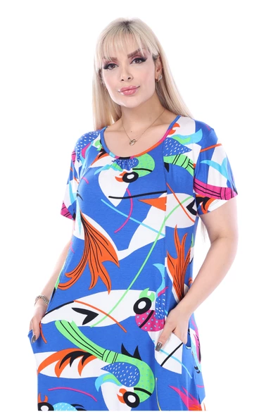 Melsay Butik Göğüs Kuplu Mavi Desenli Cepli Kısa Kol Kadın Midi Elbise - Resim 3