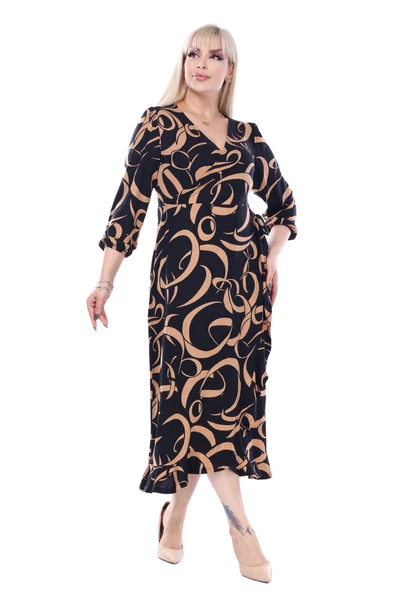 Melsay Butik Kruvaze Yaka Taba Dalga Desen Anvelop Midi Elbise - Resim 3