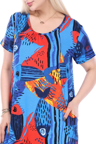 Melsay Butik Mavi Balık Desen Kuplu Cepli Kısa Kol Kadın Midi Elbise - 6