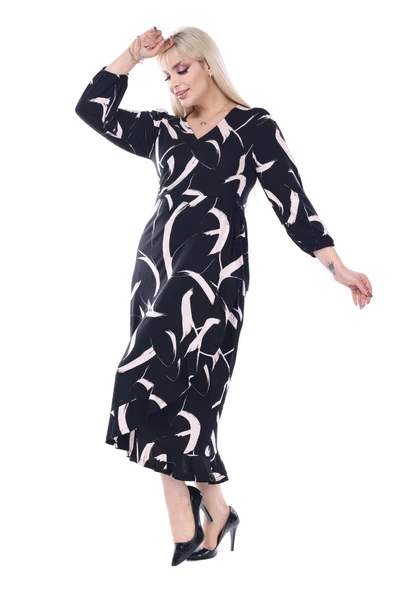 Melsay Butik Siyah Kruvaze Yaka Tüy Desen Anvelop Midi Elbise - Resim 5