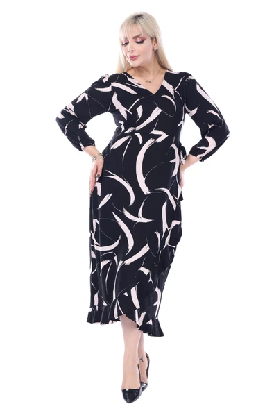 Melsay Butik Siyah Kruvaze Yaka Tüy Desen Anvelop Midi Elbise - Resim 3