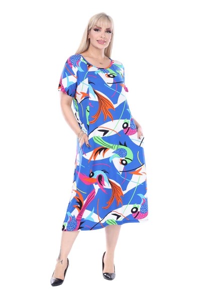 Melsay Butik Göğüs Kuplu Mavi Desenli Cepli Kısa Kol Kadın Midi Elbise - Resim 2