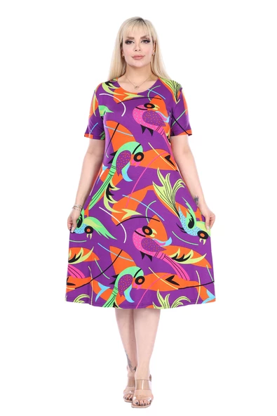 Melsay Butik Mor Balık Desen Kısa Kollu Büyük Beden Midi Elbise - Resim 2