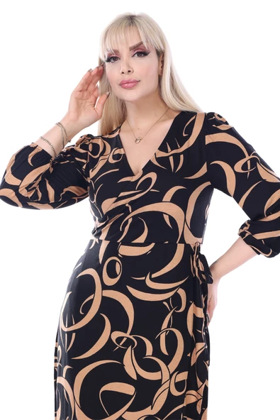 Melsay Butik Kruvaze Yaka Taba Dalga Desen Anvelop Midi Elbise - Resim 4