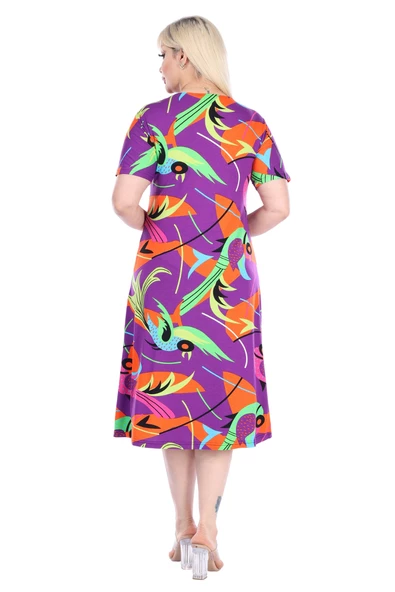 Melsay Butik Mor Balık Desen Kısa Kollu Büyük Beden Midi Elbise - Resim 6