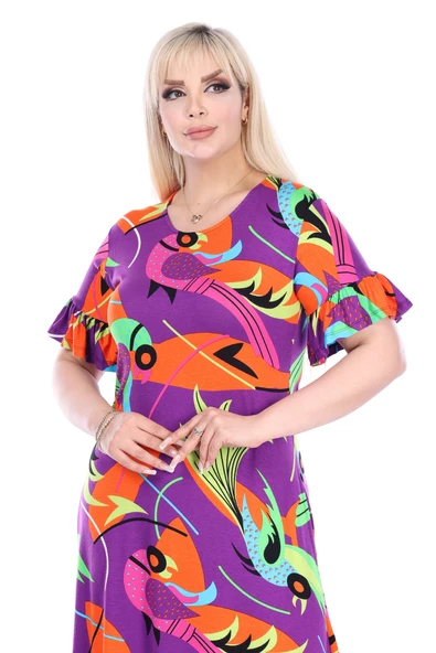 Melsay Butik Fırfırlı Kısa Kollu Mor Balık Desenli Kadın Cepli Midi Elbise - 6